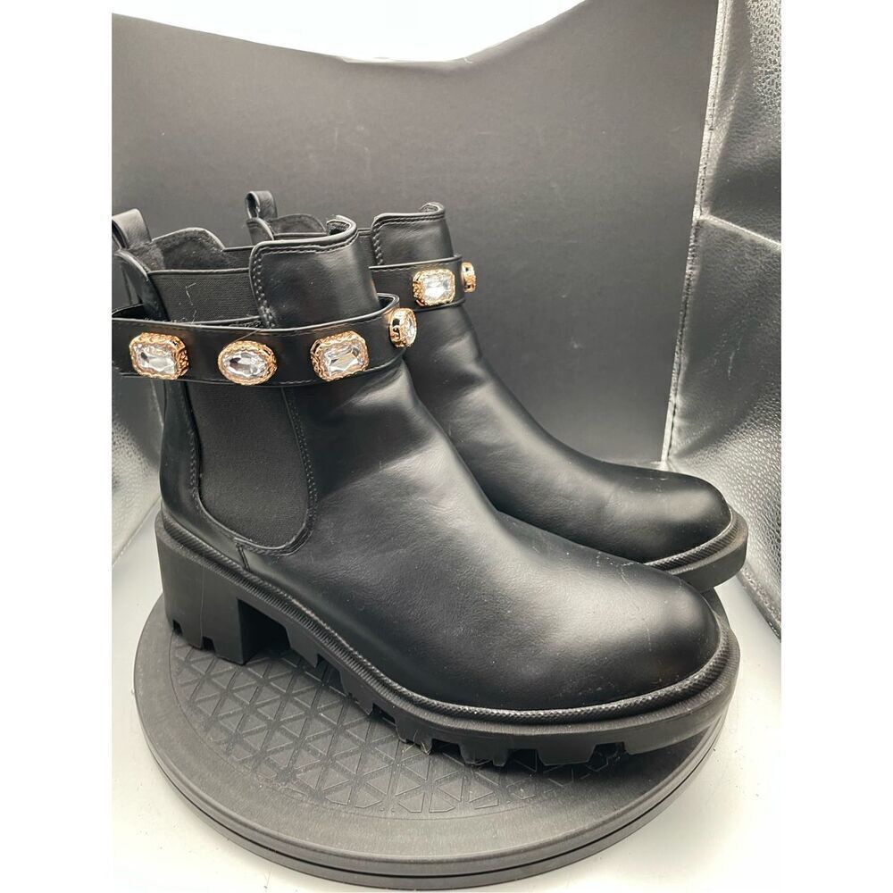 Chelsea Boots Black with Block Heel & Bedazzled Gem Cuff Size 9 Chunky Blingy